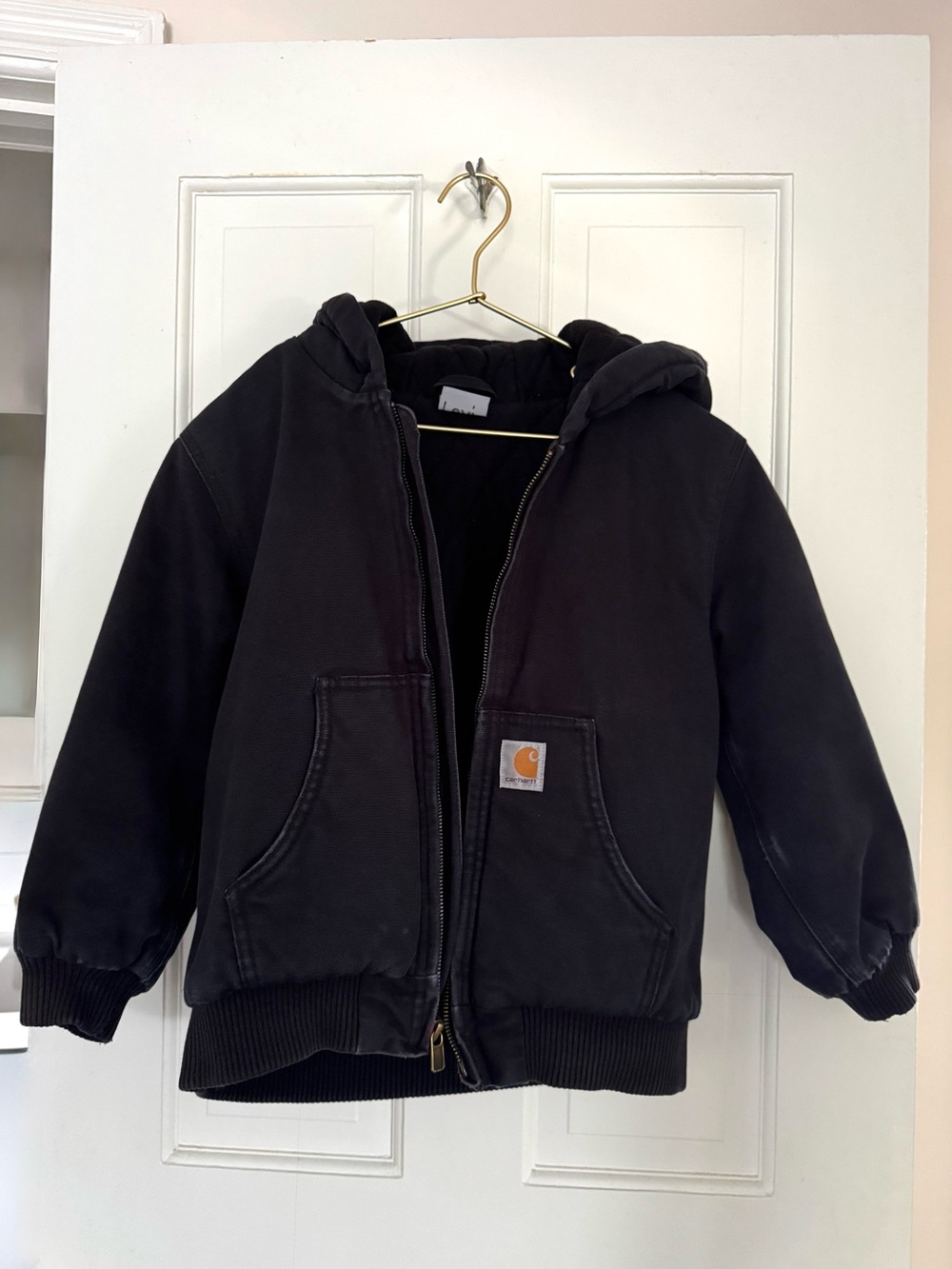 Carhartt Kids Unisex Black Hooded Canvas Workwear Quilt Lined Bomber Jacket, 7/8